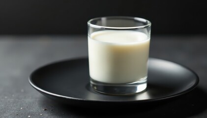 Single glass with a small amount of milk on a black plate, minimalist, dishware