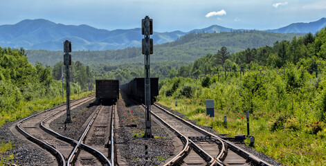Railroad and trains with wagons. Train traffic. Transportation industry	