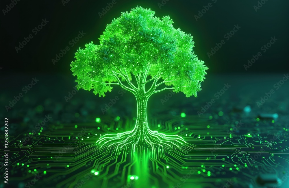 Poster green glowing tree grows on circuit board. electronic circuits growth. futuristic technology interse