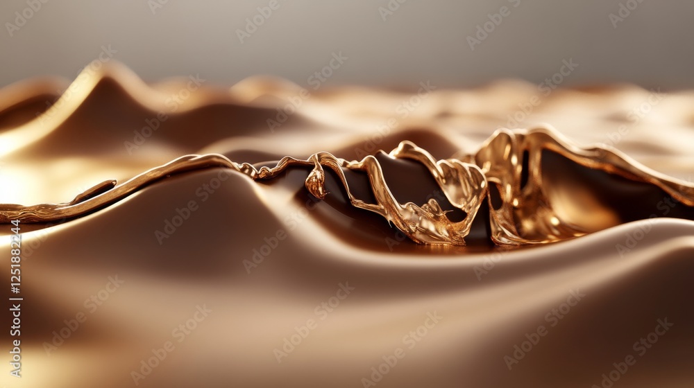 Poster shimmering golden liquid flows over smooth, undulating surface, creating mesmerizing visual effect.
