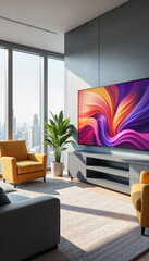 TV Mockup In Office Setting with modern design and city view