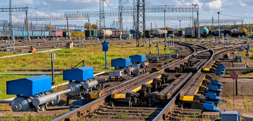 Railway Station. Train traffic. Railroad and trains with wagons. Transportation industry	