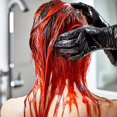 Naklejka premium Red hair dye massage with gloved hands in salon