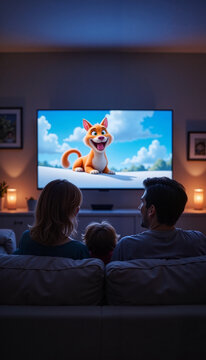 Tv Mockup With Family Watching Animated Show on Couch