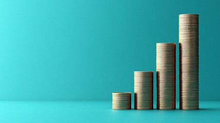 Stacked coins depicting upward trend against teal background. Possible use business growth