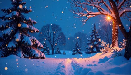 Snowy winter sky with twinkling lights and stars, festive, snow