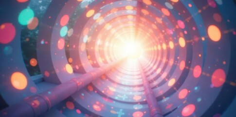 Soft focus tunnel with thin, scattered rainbow circles in soft pastel shades, pale light, soft focus, ethereal atmosphere