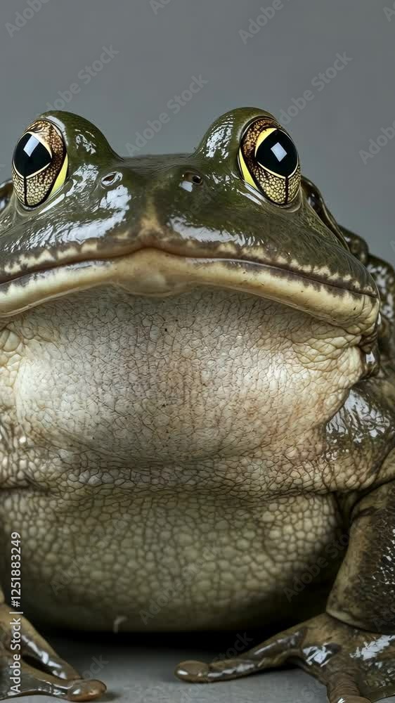 Poster large amphibian with shiny eyes resting on a smooth surface during close-up capture in a controlled 