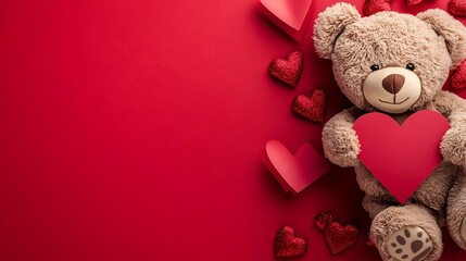 Teddy Bear Holding Heart on Red. Valentines Day