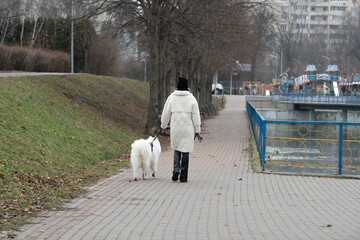 A person strolls along a riverside path with a fluffy white Samoyed dog. The setting is tranquil,...