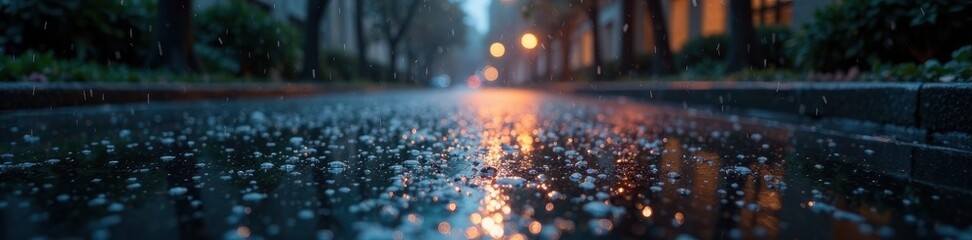 Sparkling black rain falls on a misty wet pavement, clouds, misty