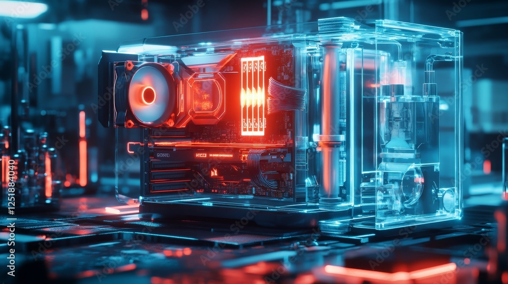 Poster high tech desktop pc mockup with glowing components and transparent casing