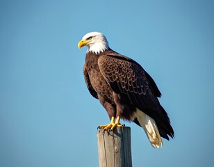Majestic bald eagle perches atop wooden pole against clear blue sky. Wild bird of prey looks to left. Avian predator with brown plumage, white head and yellow beak symbolizes freedom, strength.