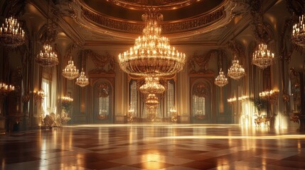 Obraz premium luxurious ballroom with grand chandeliers, elegant decor, and polished floors creates stunning atmosphere for events.