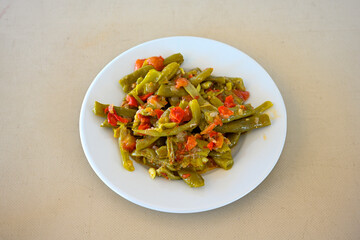 Traditional delicious Turkish food; Green beans with olive oil; Turkish name; Zeytinyagli taze fasulye