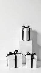 White gift boxes stacked neatly against a backdrop of crisp white, adorned with thin black ribbons, blank space, , minimalism