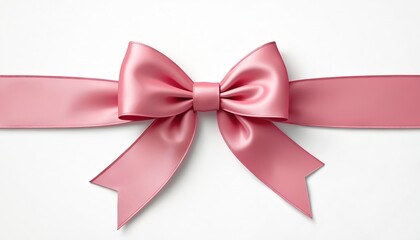 Close-up of pink ribbon tied in bow. Perfect for holiday, birthday, anniversary designs. Gift wrapping decoration with festive shiny silk ribbon on white background. Use for celebration, party