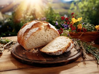 Freshly baked bread is placed on a wooden board, symbolizing the Eucharist and Holy Communion, set against a vibrant outdoor background on Maundy Thursday