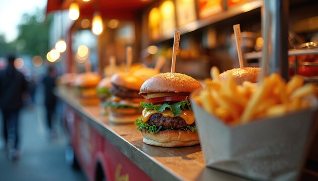 Burgers and fries sit on food truck counter. Tasty fast food serves customers at event. Street food vendor sells burger snacks at summer urban festival.