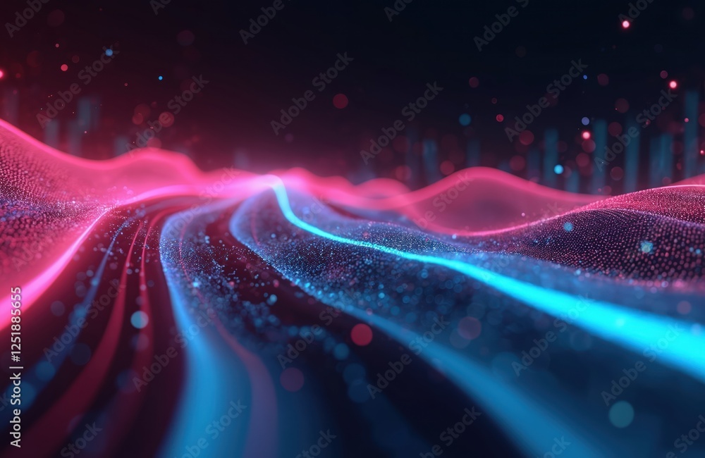 Poster abstract futuristic background with pink, blue glowing neon wave lines and bokeh lights. data transf