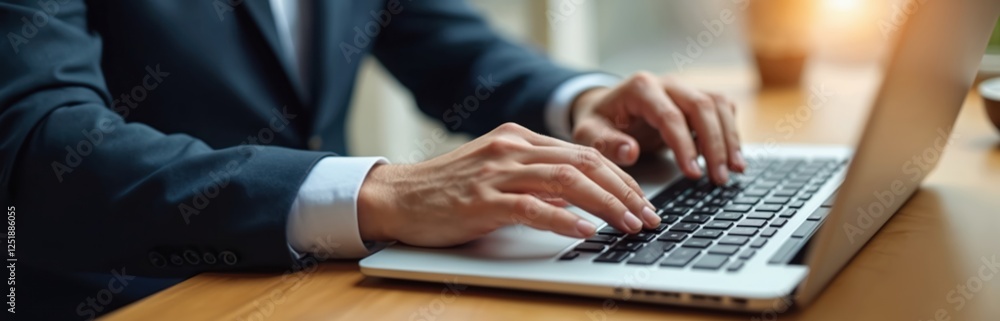 Poster close-up of businessman hands typing on laptop keyboard at desk. man in suit works on computer in of