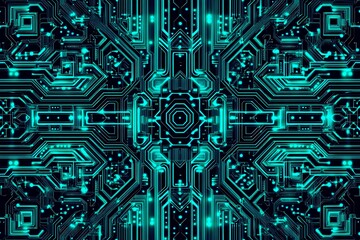 Abstract close-up of a glowing blue digital circuit board, showcasing intricate connections and technological design on a black background.
