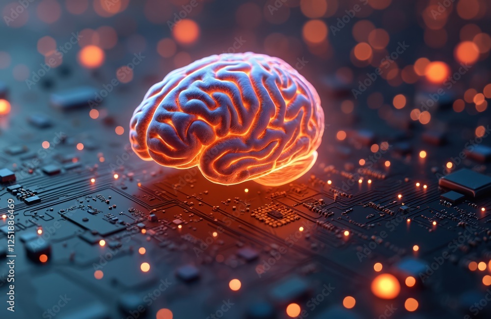 Poster illustration shows glowing human brain on electronic circuit board. large language model ai machine 
