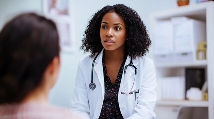 A female doctor engaged in a consultation with her patient at a clinic.