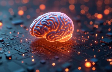 Illustration shows glowing human brain on electronic circuit board. Large language model AI machine learning concept. Artificial intelligence, data science, neural network, computer engineering,