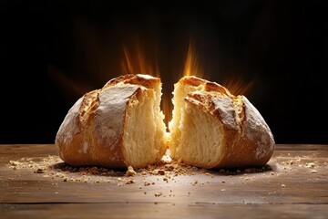 Bread is split in half, radiating light in a dim space, symbolizing the Holy Communion associated with Maundy Thursday traditions of the Christian faith