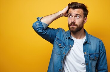 Young bearded man scratches his head looking puzzled. He wears blue shirt with white tshirt against yellow backdrop. Guy seems unsure or confused perhaps facing dilemma in life.