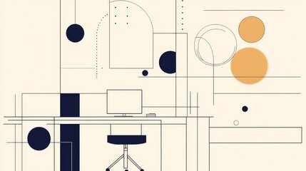 Abstract geometric design featuring a workspace with a computer and minimalist elements