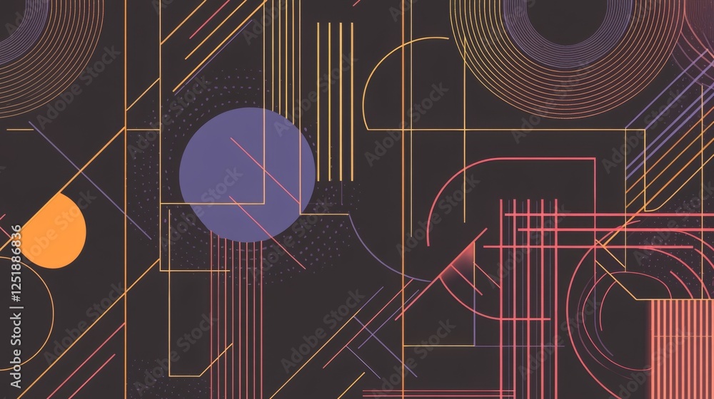Poster abstract geometric pattern featuring vibrant circles and lines on a dark background