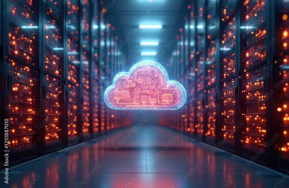 Poster Illustration of data center tech warehouse with server racks and cloud computing symbol. Information digitalization start-up, SaaS, web service with generative AI, provides innovative solutions.