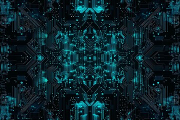 Abstract close-up of a glowing blue digital circuit board, showcasing intricate connections and technological design on a black background.

