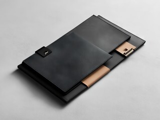 Sleek leather document holder in dark green and black with stylish design. Perfect for organizing important papers and presentations.