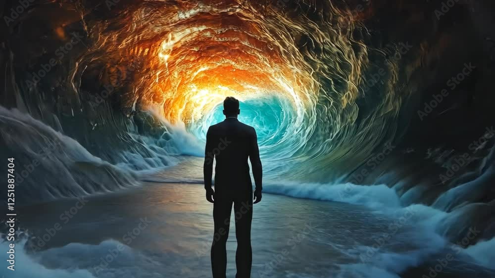 Poster man stands at the edge of a luminous tunnel formed by swirling waves at twilight near a beach