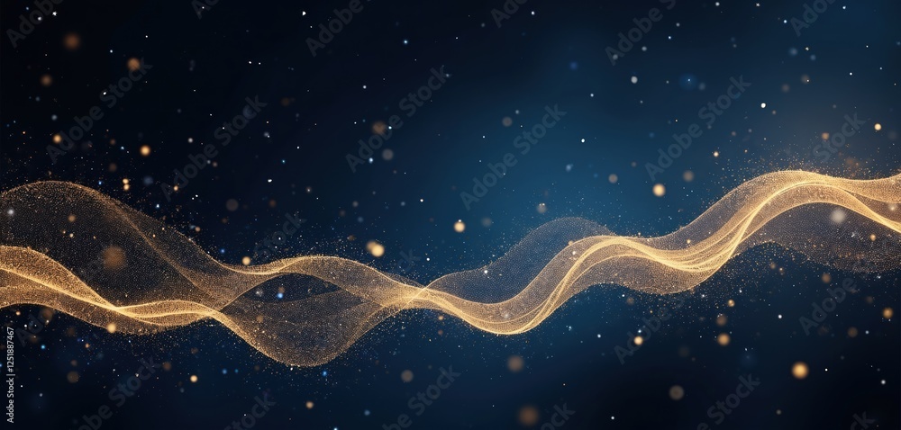 Poster Golden waves glow against dark blue. Bokeh dots shimmer. Digital art shows abstract stardust motion. Elegant template suits web design banners. Modern backdrop presents infinite energy, magical
