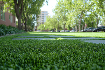 Fototapeta premium Lush green grass covering pathway in urban setting with trees and buildings in background, creating serene outdoor atmosphere