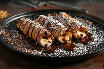 Three delicious crepes filled with banana and drizzled with chocolate, dusted with powdered sugar. A perfect sweet treat!