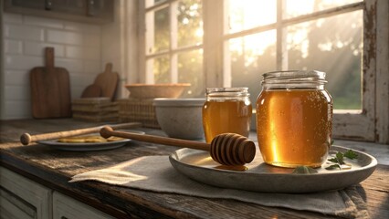 Jars of honey with a warm mood, beautifully arranged on a wooden table with sunlight streaming in.