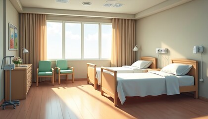 Illustration of empty modern double room in hospital ward with two beds, cabinet, chairs, bedside tables. Sunlight through window, clean interior render. Concept of recovery, medical care, clinic