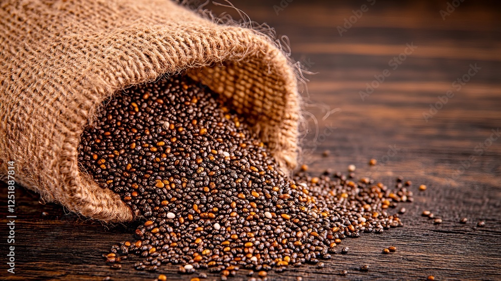 Poster dark seeds spilling from a burlap sack onto a rustic wooden surface. rich textures and earthy tones 
