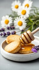 Honey Drizzled Shortbread: Delicious shortbread cookies are artfully arranged on a plate, drizzled with golden honey from a honey dipper.