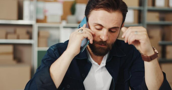 Frustrated businessman, logistics or phone call with boxes for wrong order, supplier issue or mistake at store. Man, distributor or talking with stress on mobile smartphone for stock or freight delay