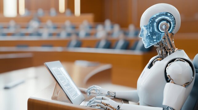 A humanoid robot presenting legal arguments in a futuristic courtroom, glowing knowledge interface, symbolizing AI driven legal analysis