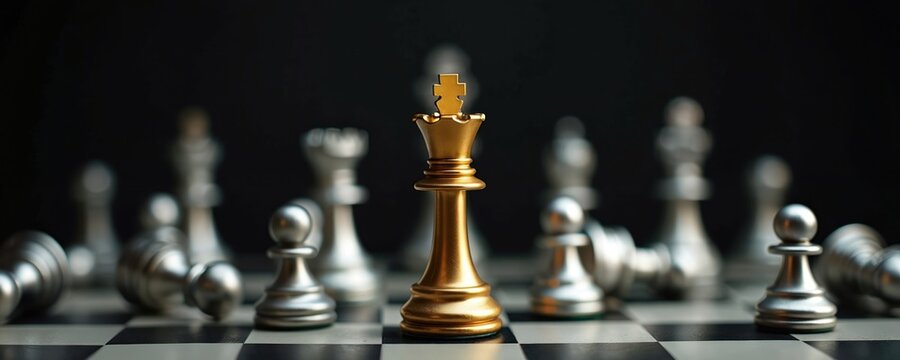 Golden king dominates chessboard showing strategy concept. Silver pieces are defeated. It represents leadership in business battle. Photo symbolizes victory. It shows success and power in game.