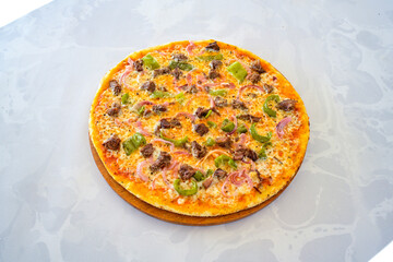 Traditional Turkish cuisine. Pizza, pita, pidesi, sucuk, hummus, kebab. Many dishes on the table. Serving dishes in restaurant. Mix, formaggi, veggie pizza. Top view, flat lay