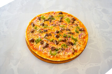 Traditional Turkish cuisine. Pizza, pita, pidesi, sucuk, hummus, kebab. Many dishes on the table. Serving dishes in restaurant. Mix, formaggi, veggie pizza. Top view, flat lay