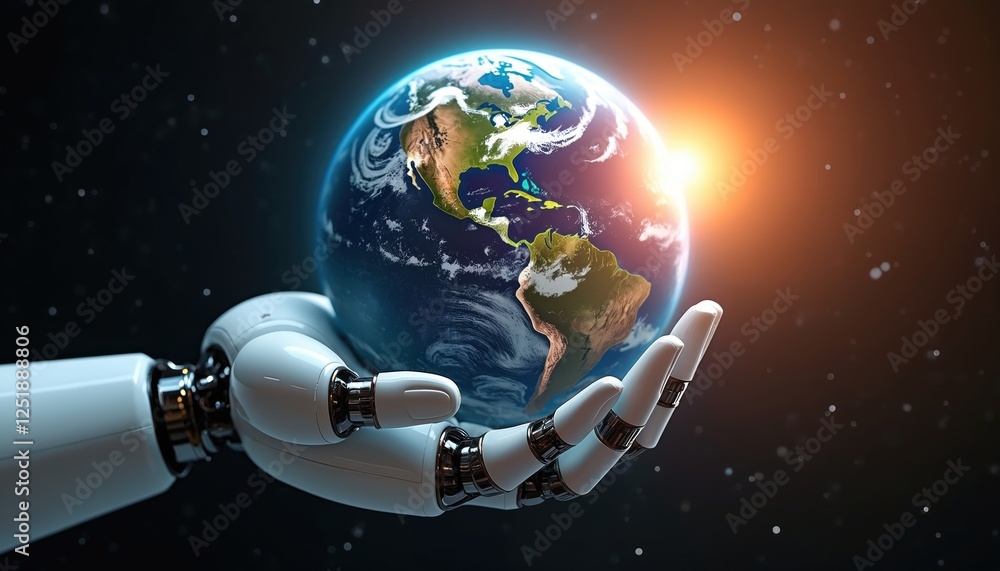 Poster ai robot hand holds earth globe in space. concept of artificial intelligence, machine learning, futu